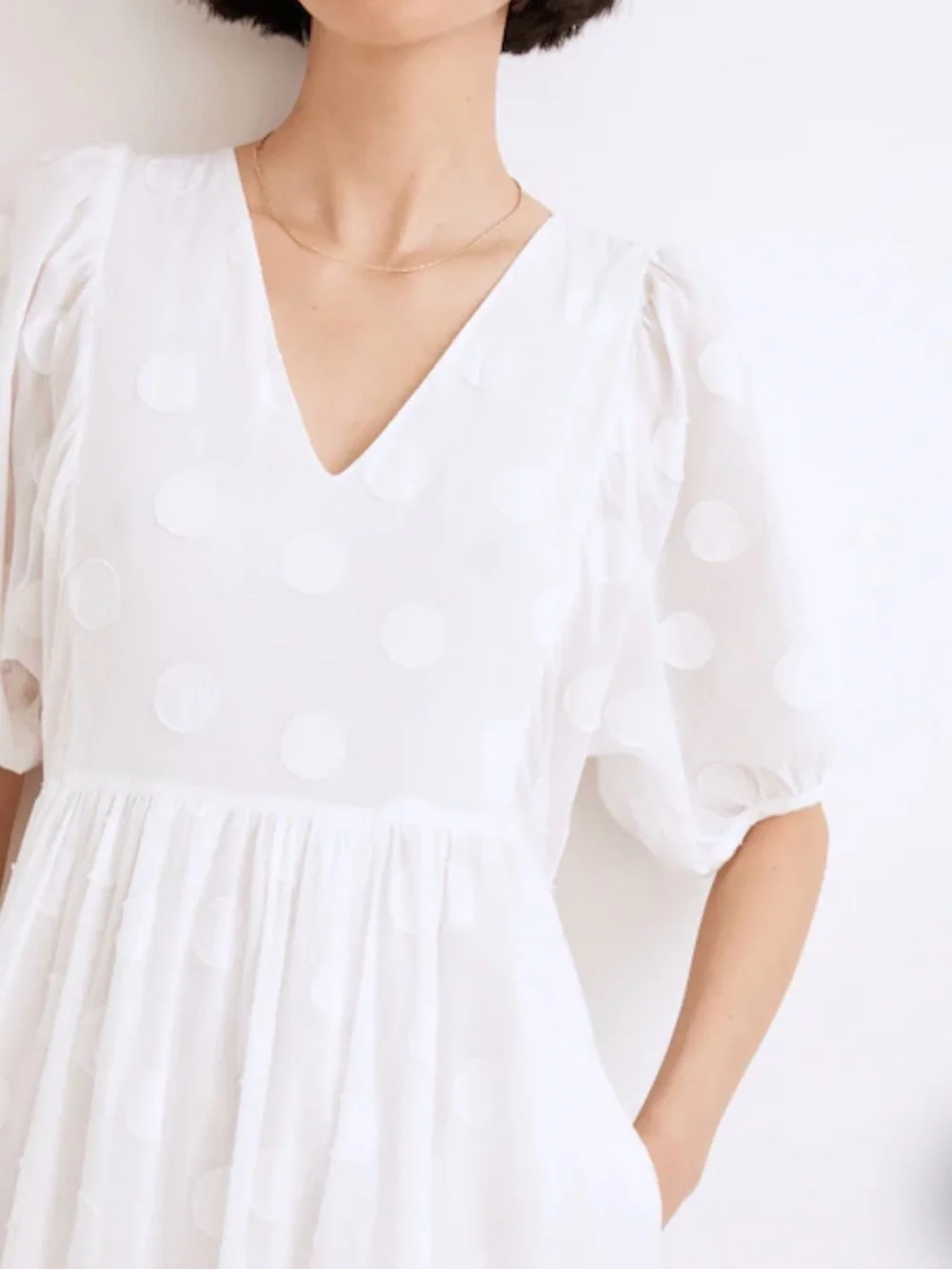 Madewell Dot Jacquard Puff Sleeve Tiered Midi Dress